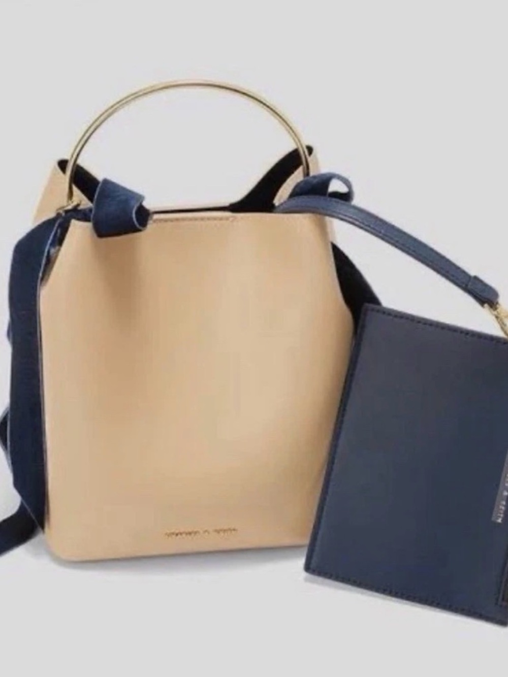 Charles & Keith Beige and Navy Shoulder Bag with Gold Ring Handle